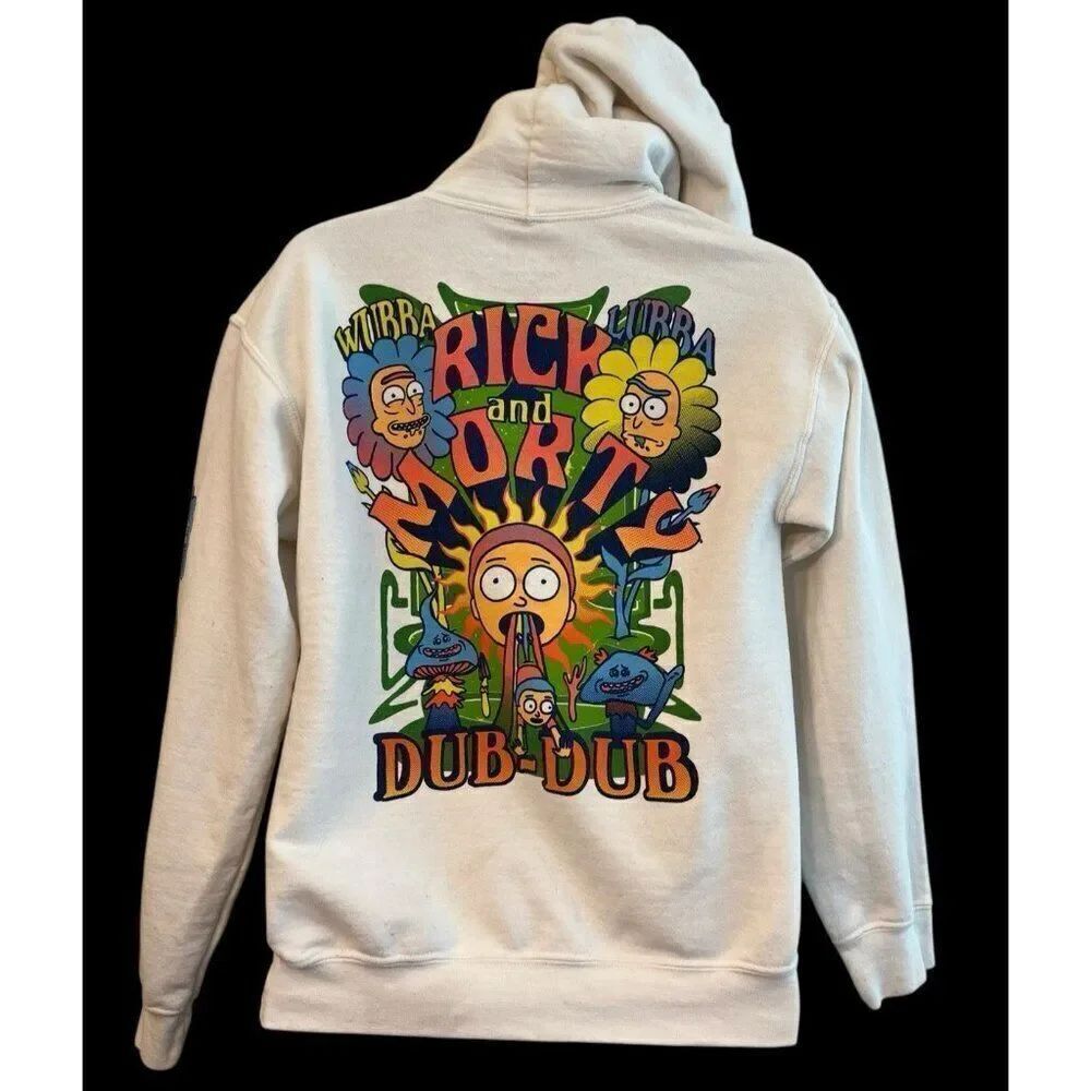 Rick and Morty Small White Hoodie Hooded Sweatshirt Dub Dub Colorful Graphic